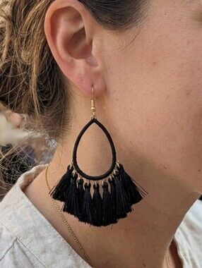C.L.O.V.E.R. Nickel/Lead Free Black Tassel Teardrop Fringe Earrings